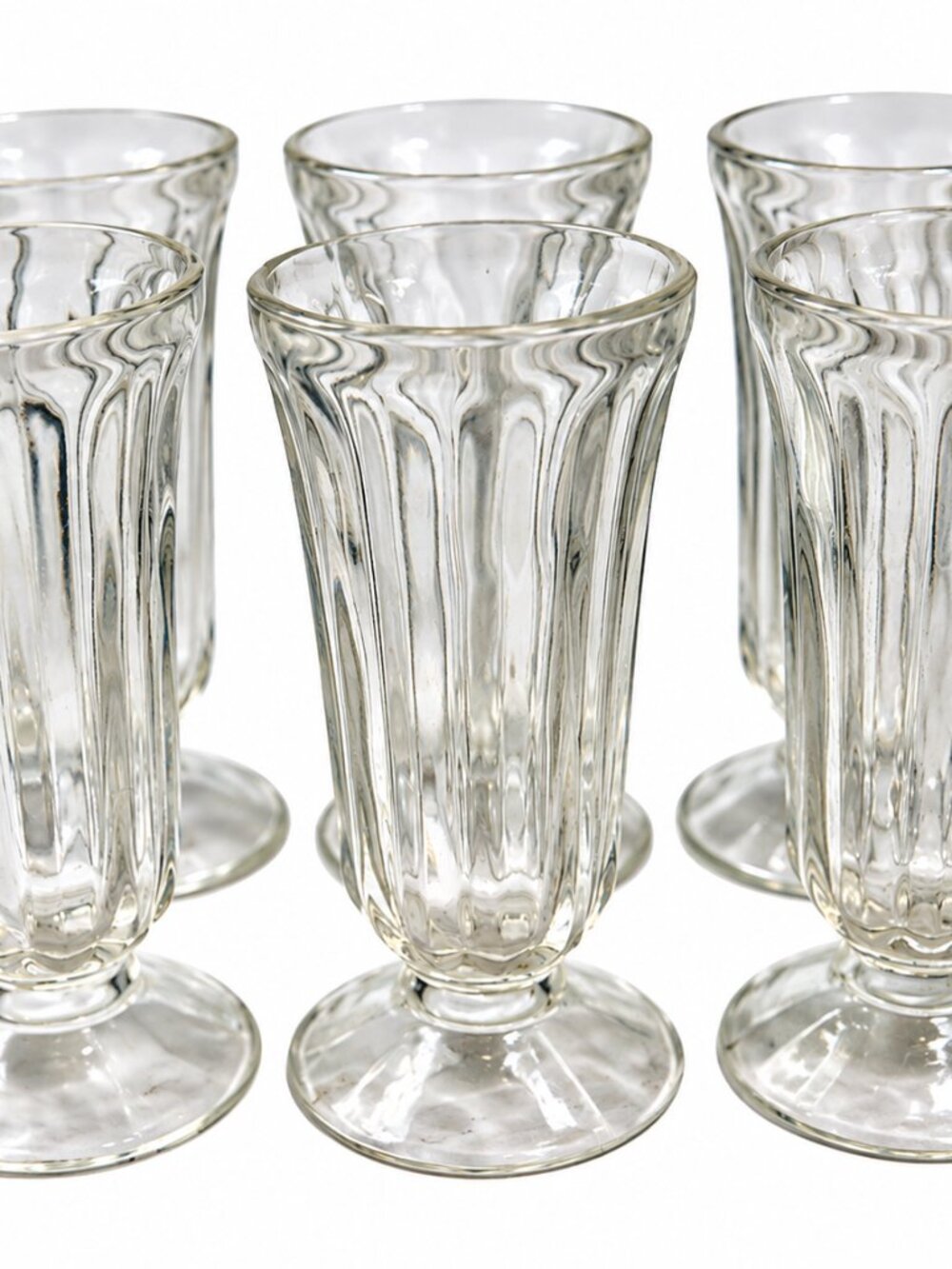 GL-12--Vintage Indiana Glass Soda Fountain Glasses Set of 6 Clear Ribbed Etched